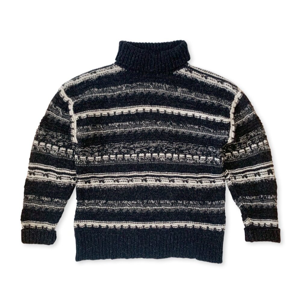 Vintage Giordano Wool Sweater Cowl Neck Striped Black White Fisherman Nordic - Picture 3 of 11